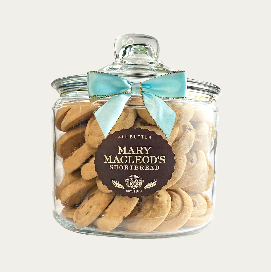 3 quart jar of mary macleod's shortbread cookies of signature chocolate crunch shortbread, featuring ocean blue bow