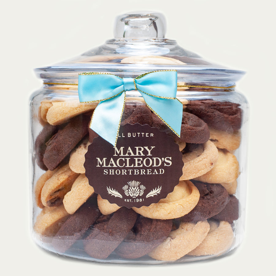 3 Three Quart Glass Cookie Jar Filled with ~42 of Mary Macleod's All Butter, Assorted Shortbread Cookies - comes with a beautiful ocean blue satin bow/ribbon