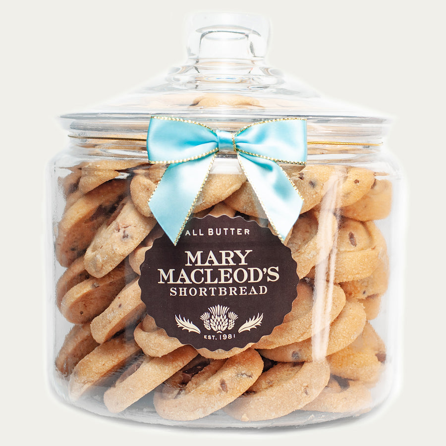 3 Three Quart Glass Cookie Jar Filled with ~42 of Mary Macleod's All Butter, Signature Chocolate Crunch Shortbread Cookies - comes with a beautiful ocean blue satin bow/ribbon