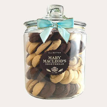 4 quart cookie jar filled with 80 assorted shortbread cookies with ocean blue bow
