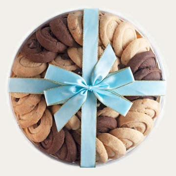 9-inch round assortment of shortbread cookies in clear packaging, featuring Classic, Chocolate Crunch, and Dutch Chocolate flavors