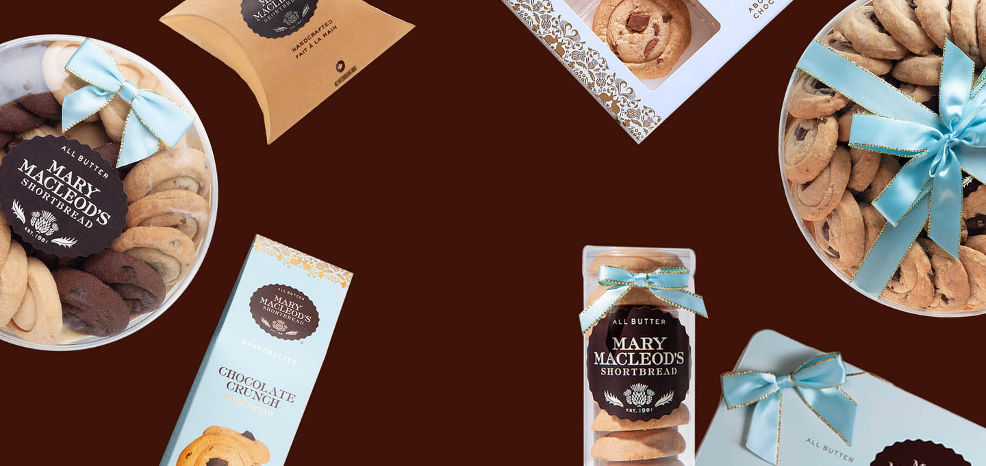 Premium all-butter shortbread cookies by Mary Macleod’s Shortbread, in a variety of packaging options and flavours such as Maple Crunch and Chocolate Crunch. Perfect for gifting or personal indulgence.