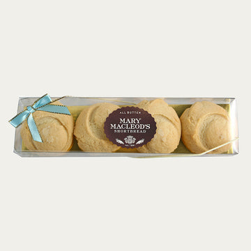 4 cookie clear gift box of the classic plain traditional shortbread cookies, clear box features ocean blue accented bow