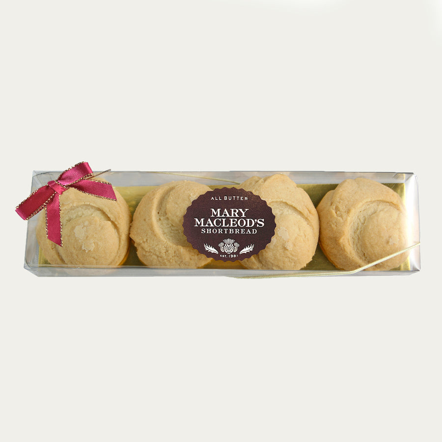 4 cookie clear gift box of the classic plain traditional shortbread cookies, clear box features beauty red accented bow