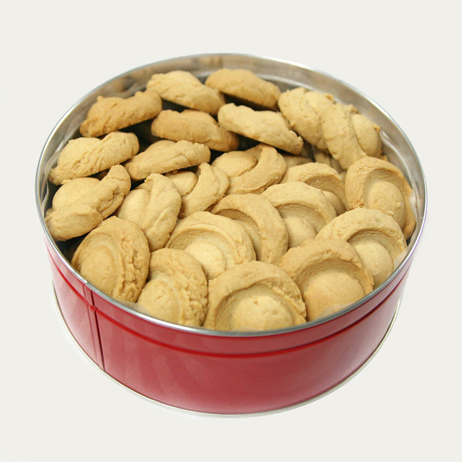 Large red tin of traditional shortbread cookies